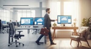 Employee moving between office desk and home workspace while accessing the same cloud-delivered desktop environment seamlessly