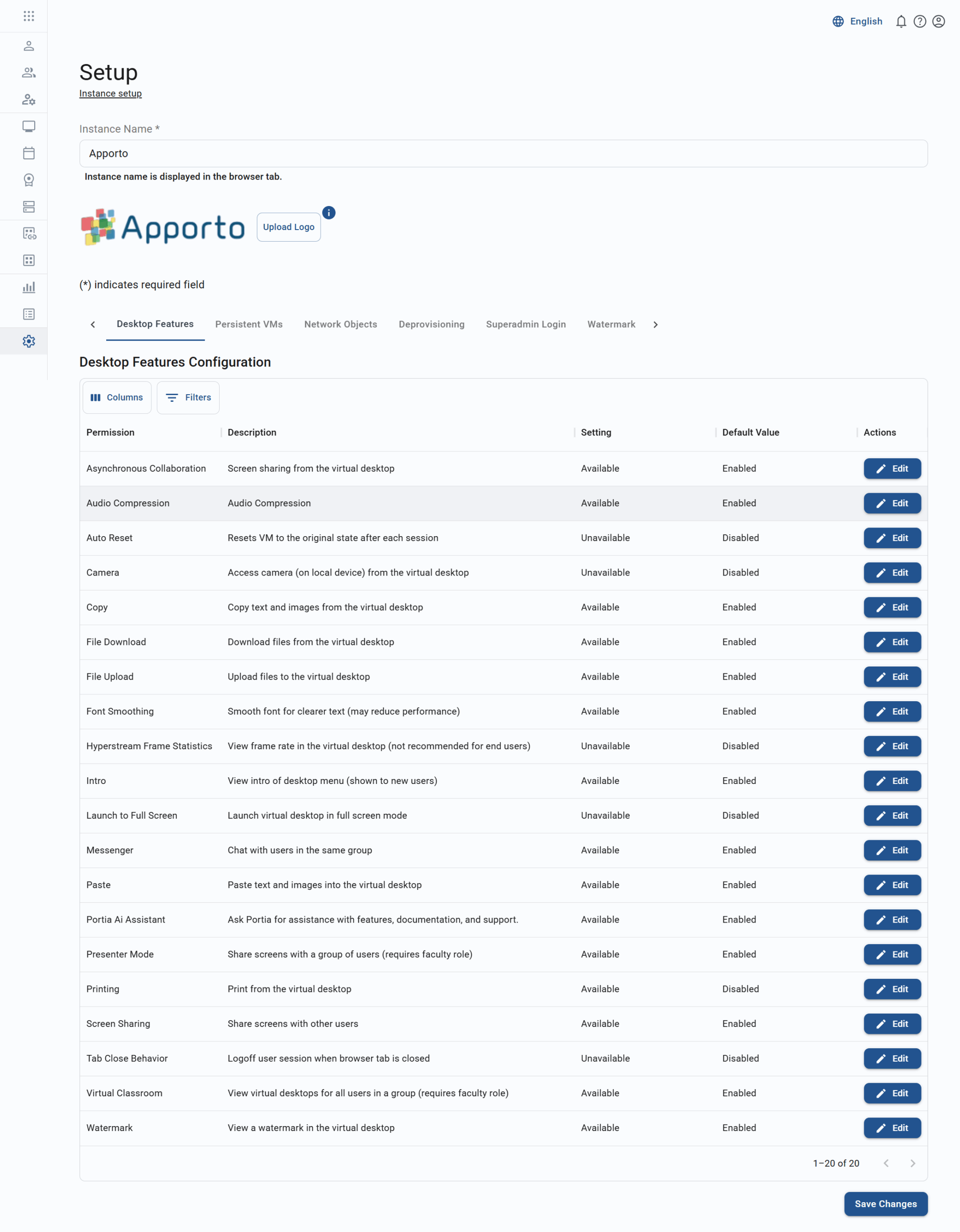 desktop features tab on setup page