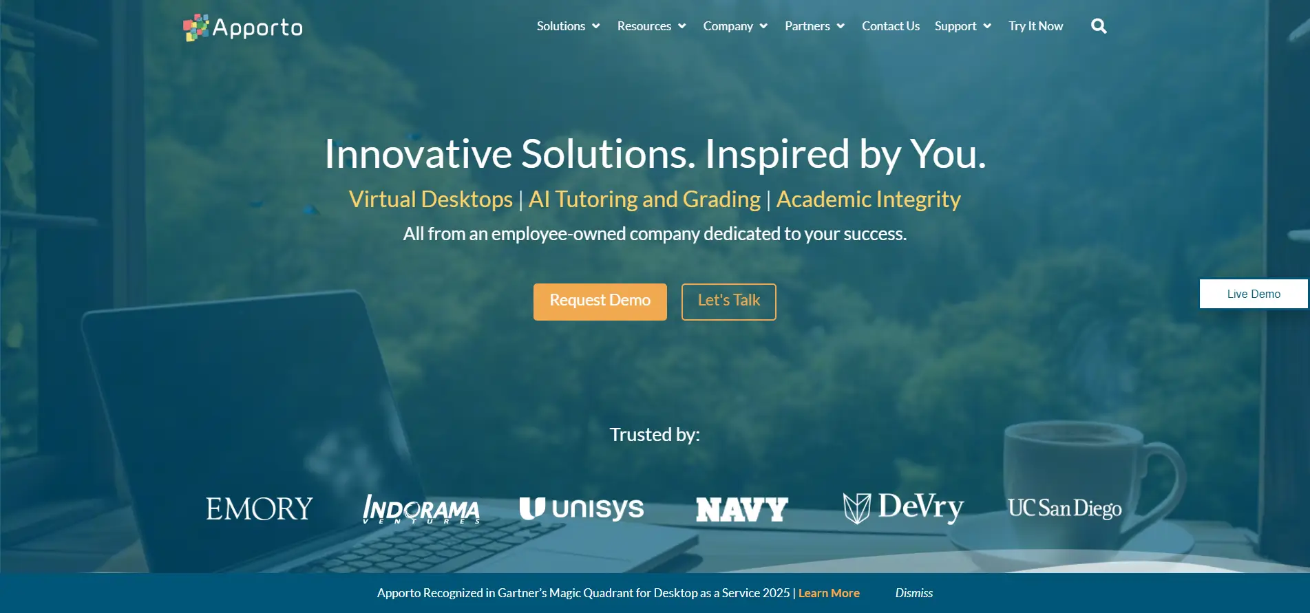 Apporto homepage featuring virtual desktops