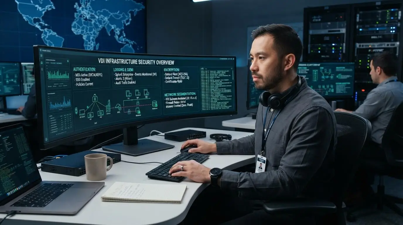 IT administrator reviewing authentication, logging, encryption, and network segmentation for a secure virtual desktop environment