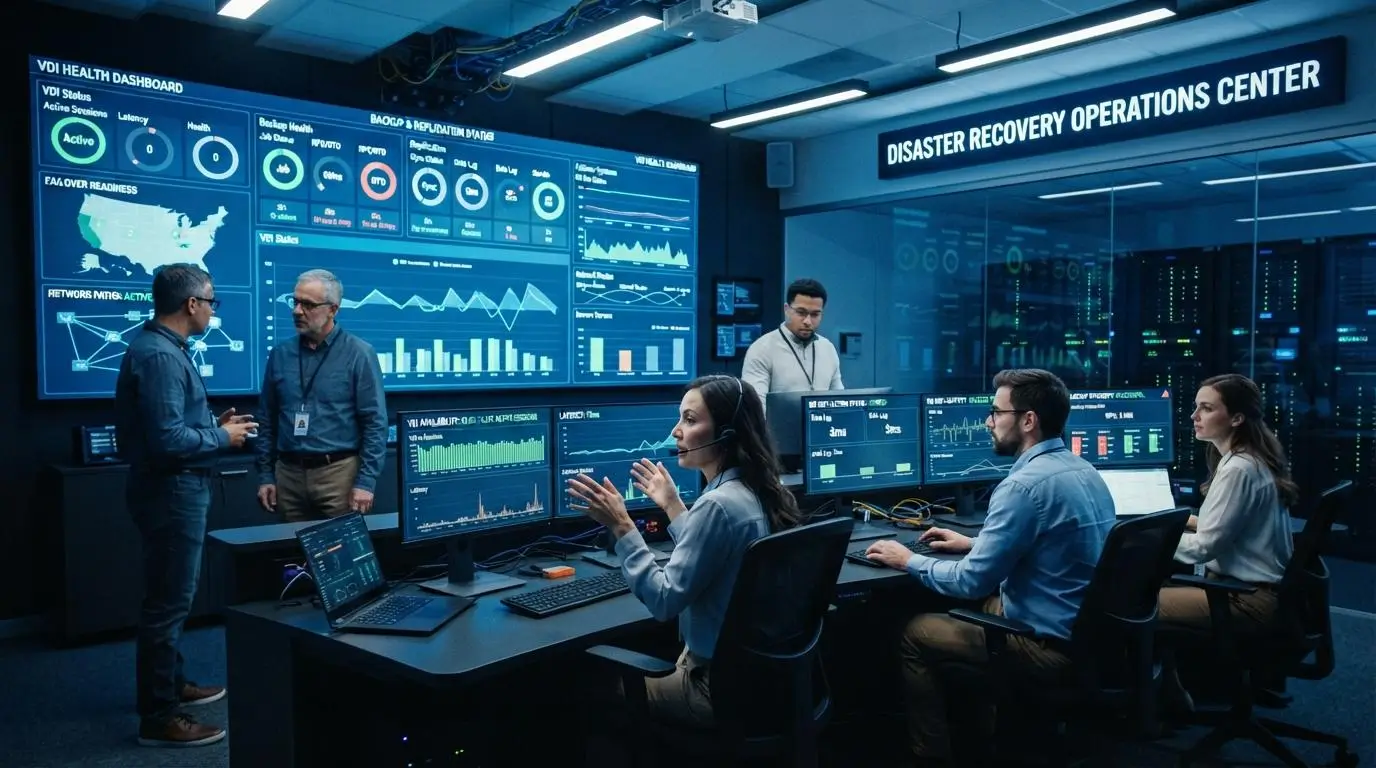 IT disaster recovery team monitoring virtual desktop availability.