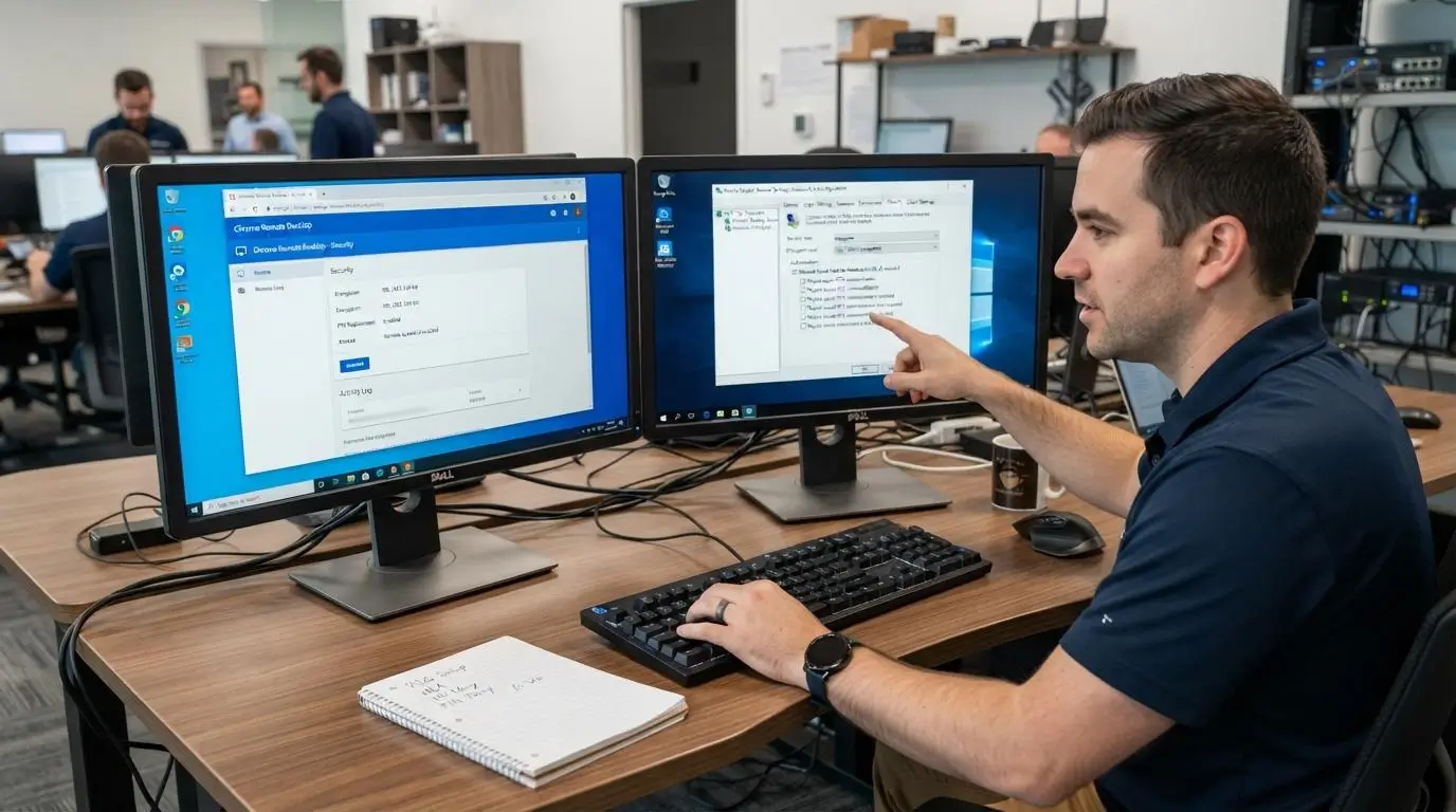 IT professional comparing Chrome Remote Desktop and Microsoft RDP security settings.