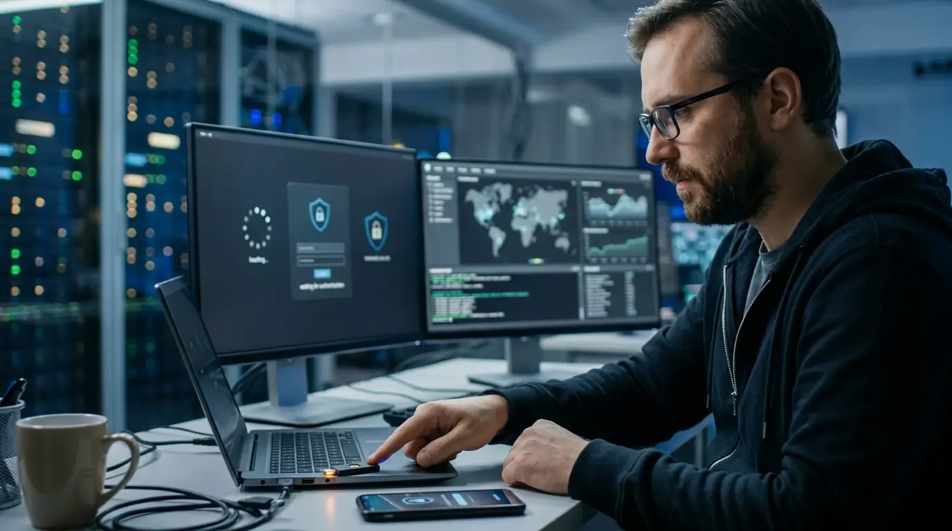  IT administrator verifying identity through a multi-factor authentication