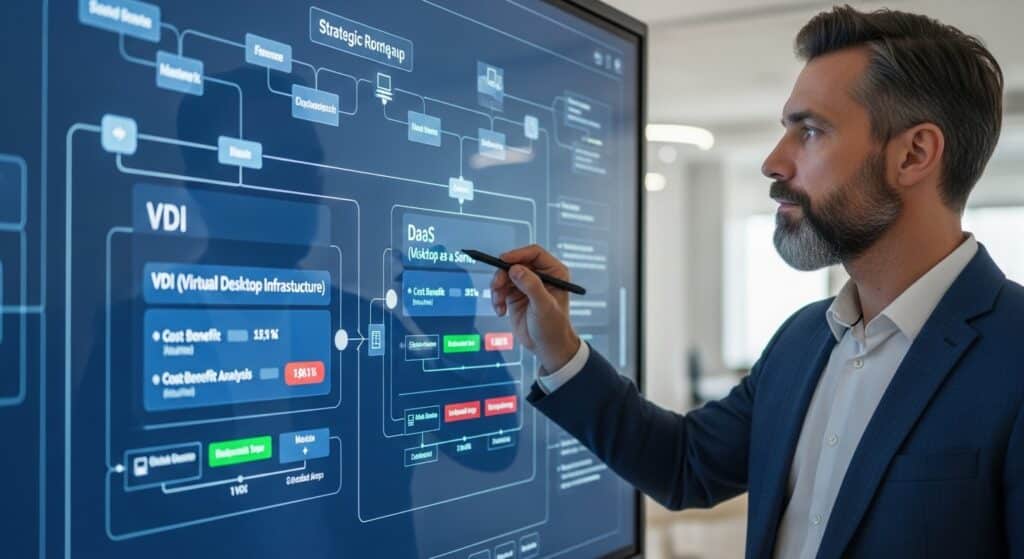 IT decision maker evaluating VDI vs DaaS on a strategic roadmap board.