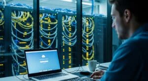 User logging into a cloud-hosted virtual desktop from a laptop with data center servers in the background 