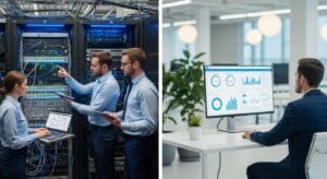 IT team managing firewalls and network security in a data center contrasted with provider-managed compliance environment