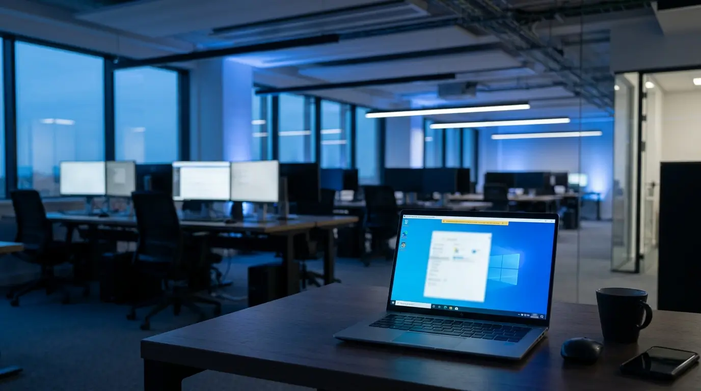 Corporate workspace featuring a laptop remotely accessing a single Windows desktop computer