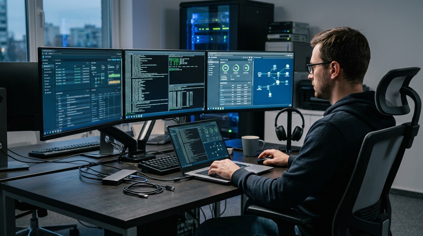 laptop in the foreground remotely accessing a powerful desktop workstation in the background