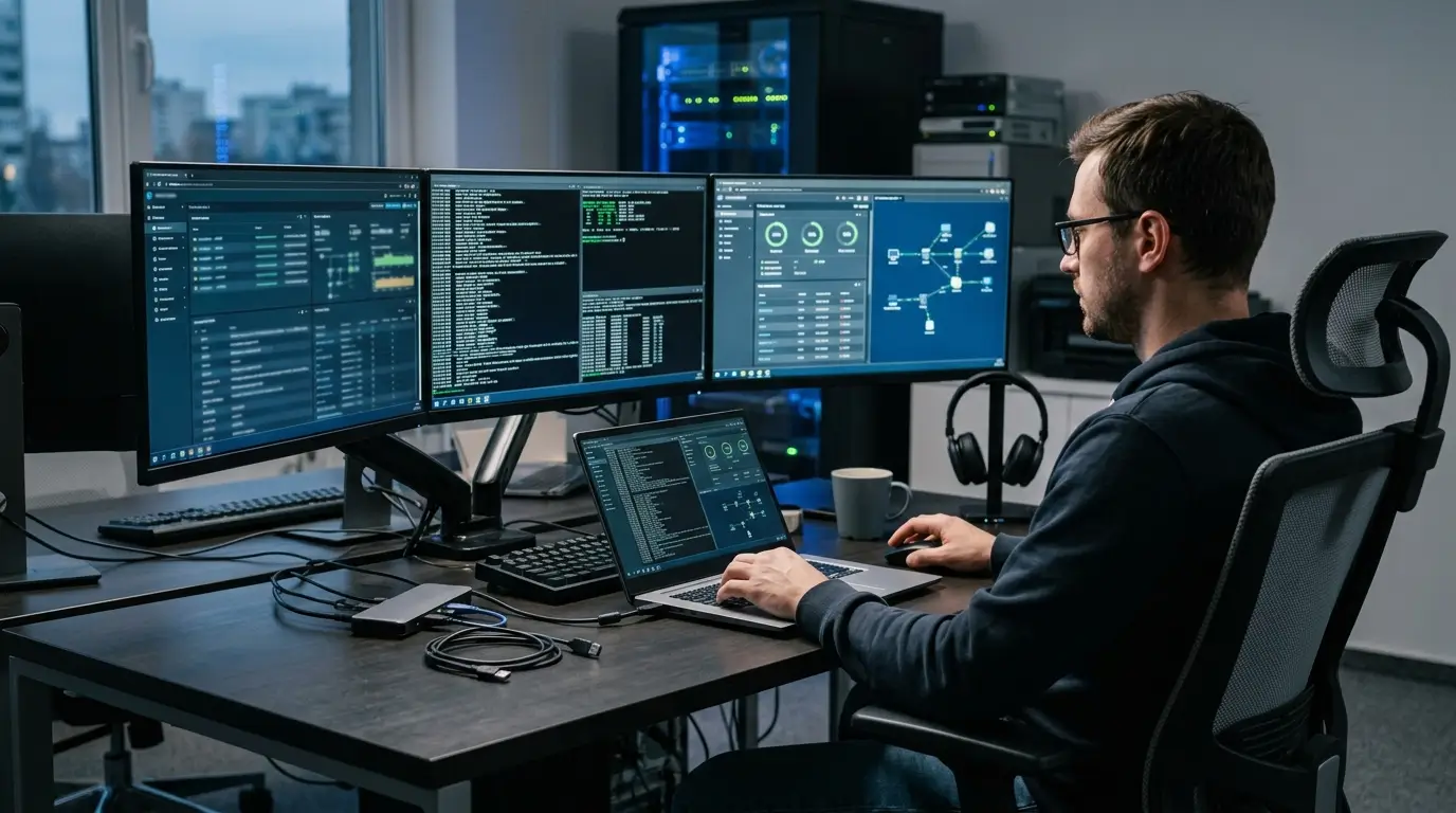 IT professional controlling a remote computer from a laptop