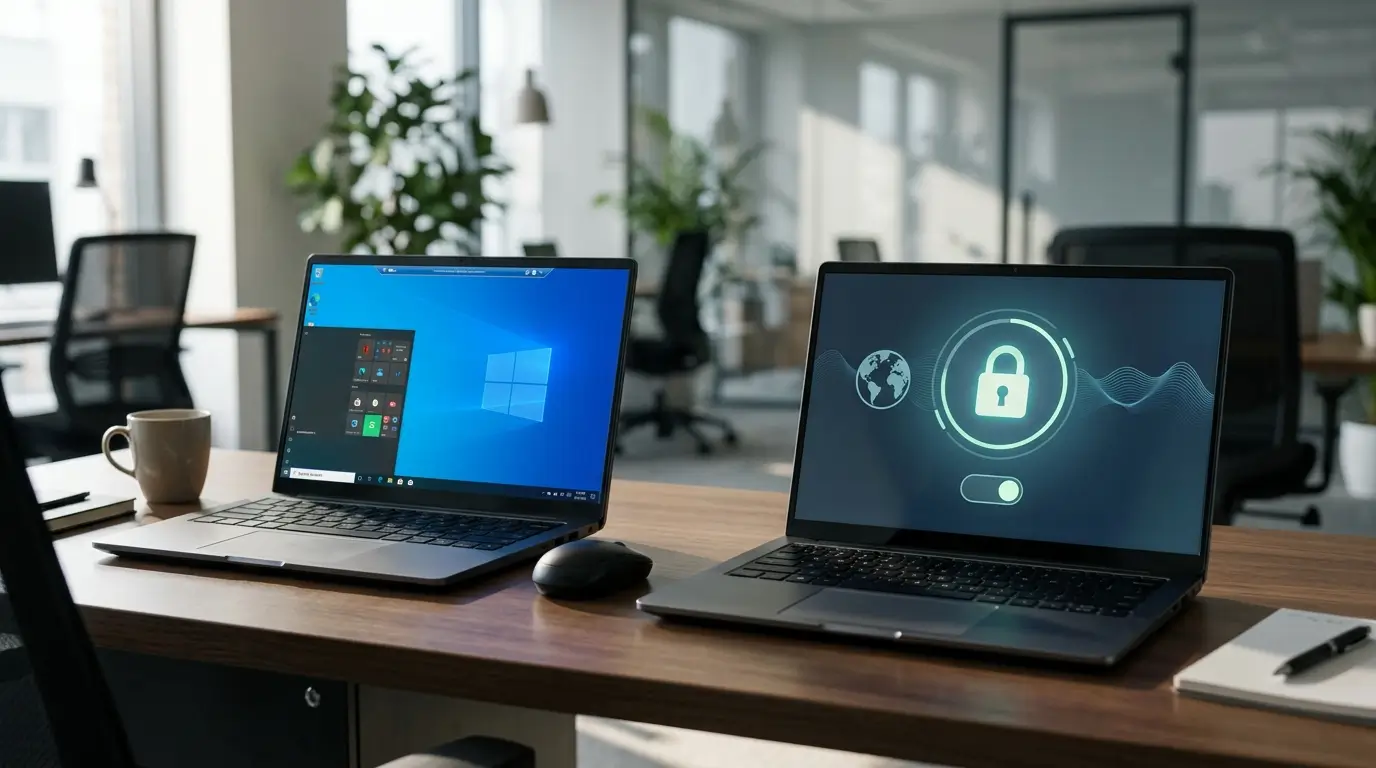 Two laptops on a modern office desk 
