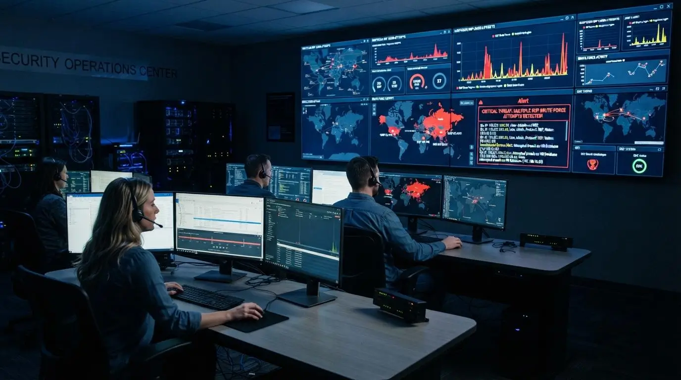 cybersecurity operations center monitoring suspicious RDP login attempts.