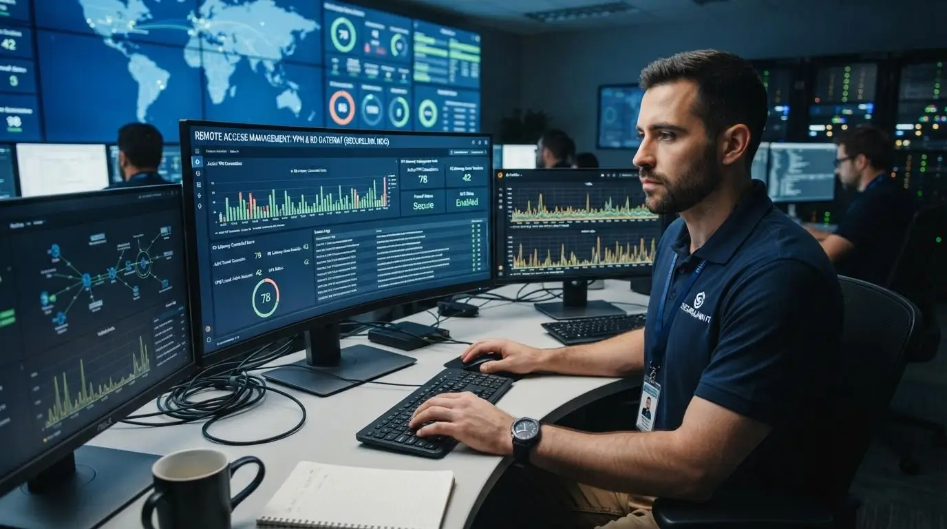 Network administrator managing secure remote access through VPN.
