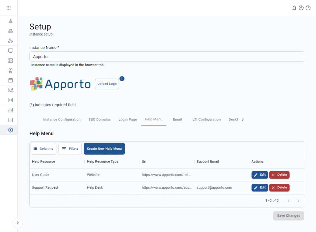 Help Zone Menu Configuring the Help menu | Apporto