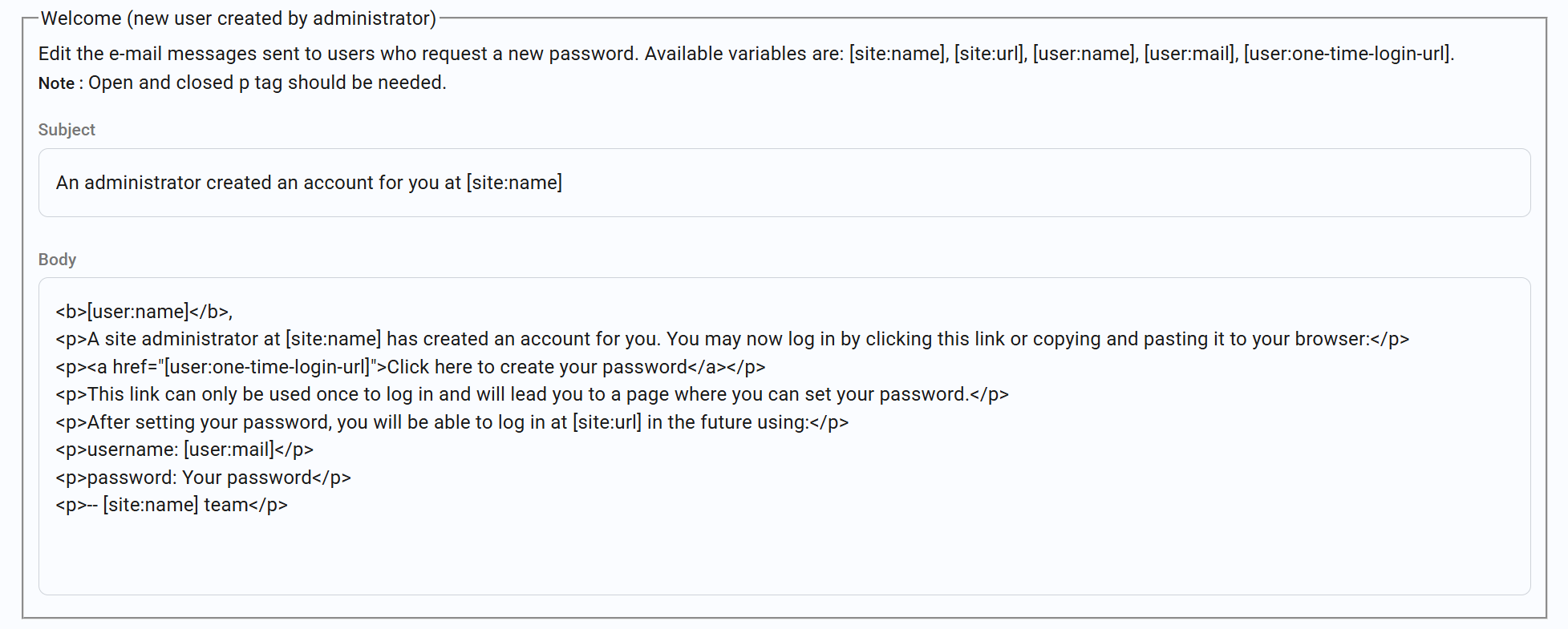 Email screen in the Setup section with welcome email template displaying by default