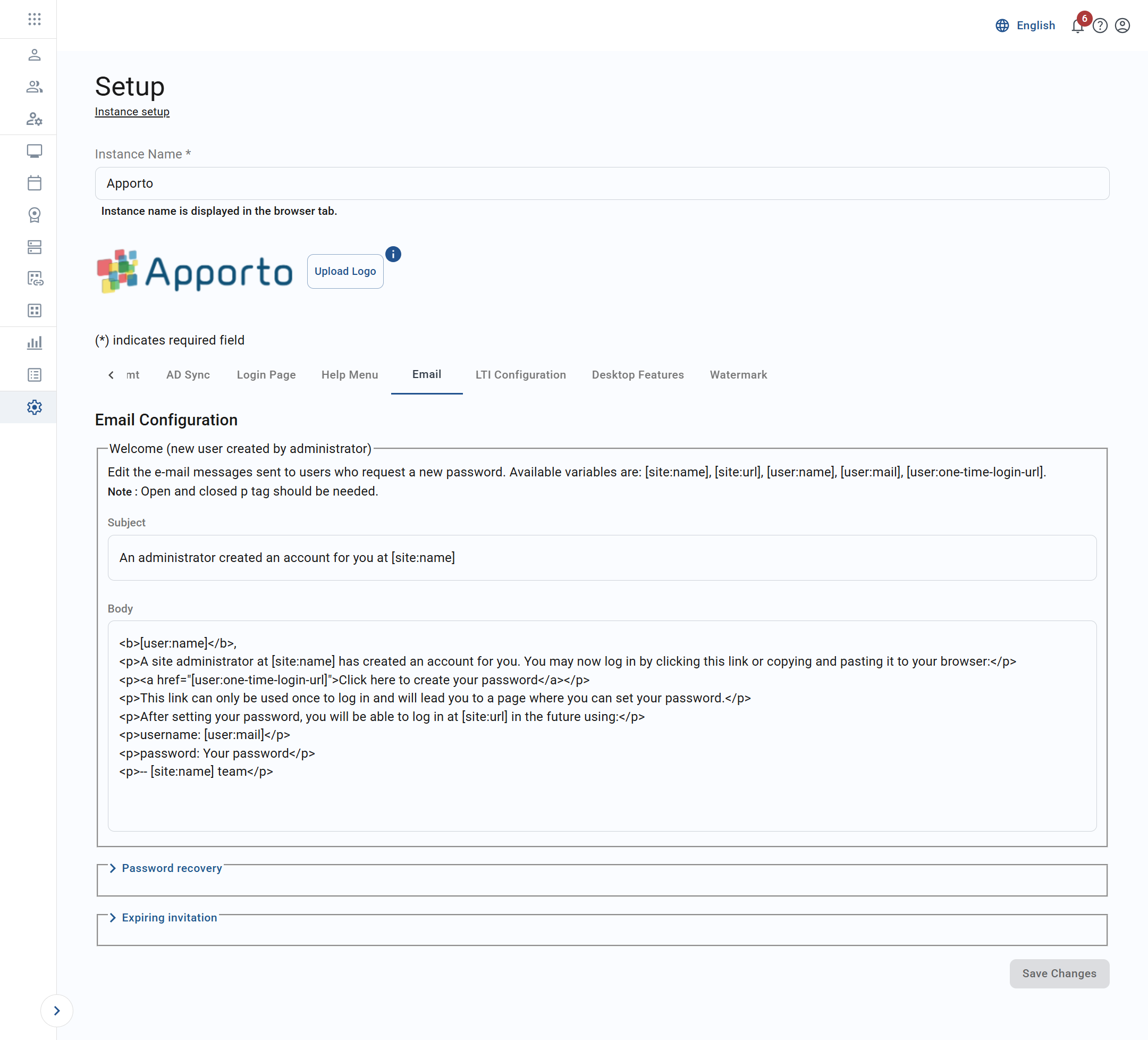 Email screen in the Setup section with welcome email template displaying by default