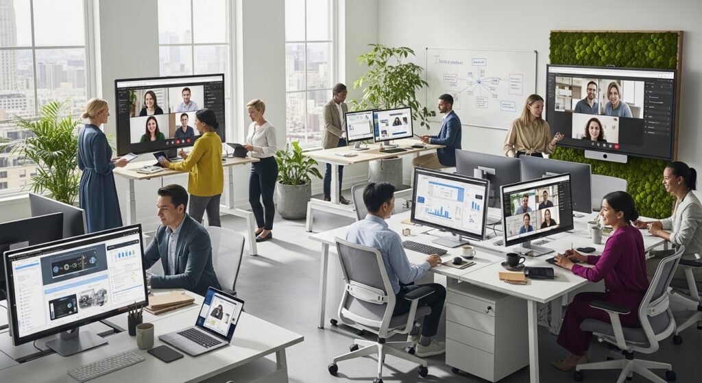Modern hybrid workplace in 2026 with employees collaborating across devices through seamless digital tools and cloud platforms.