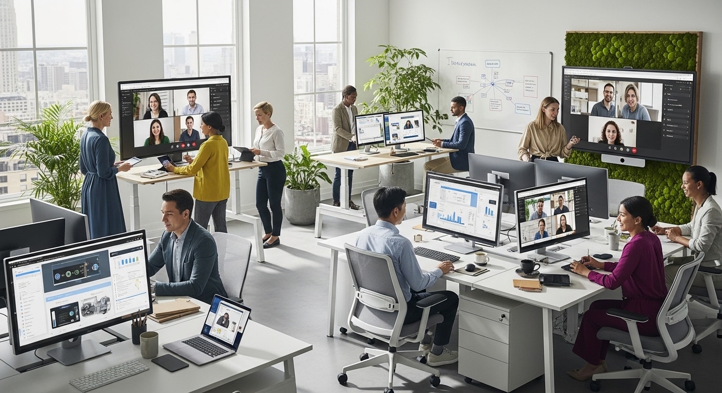 Modern hybrid workplace in 2026 with employees collaborating across devices through seamless digital tools and cloud platforms.