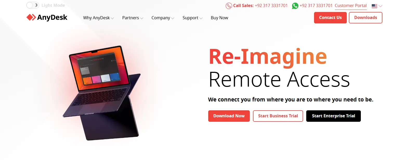 AnyDesk homepage featuring secure remote desktop software