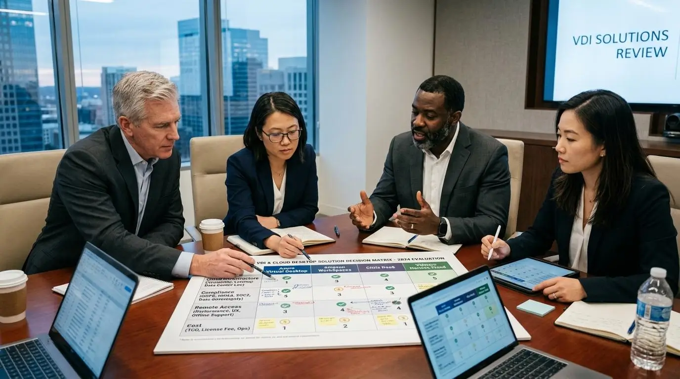 Business leaders reviewing a decision matrix for virtual desktop solutions