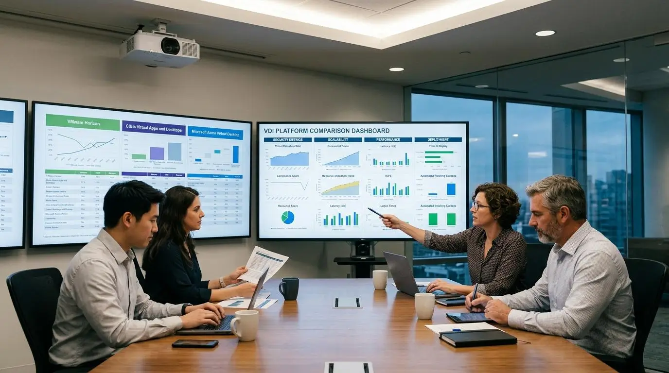 IT experts evaluating multiple virtual desktop platforms on analytics dashboards, comparing security