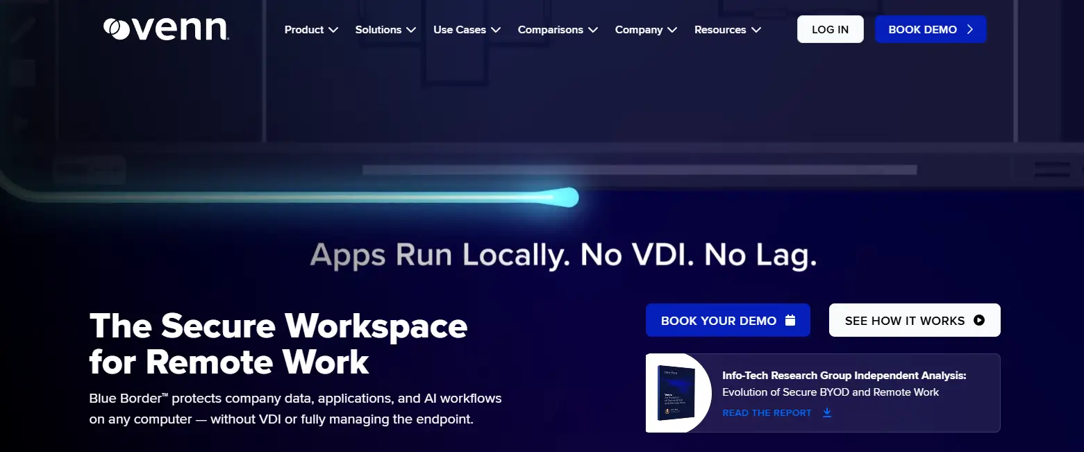 Venn secure workspace homepage featuring remote work security