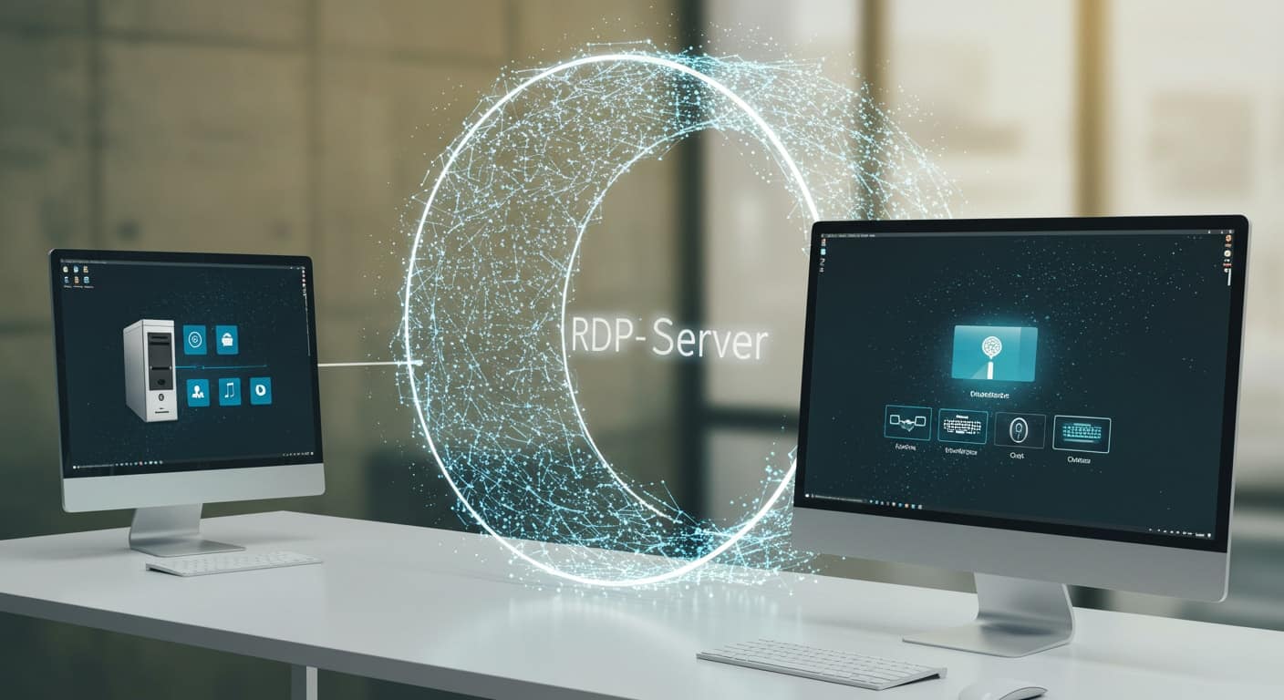 Digital connection between two desktop computers via an RDP server, visualizing how to run a RDP server for remote access.