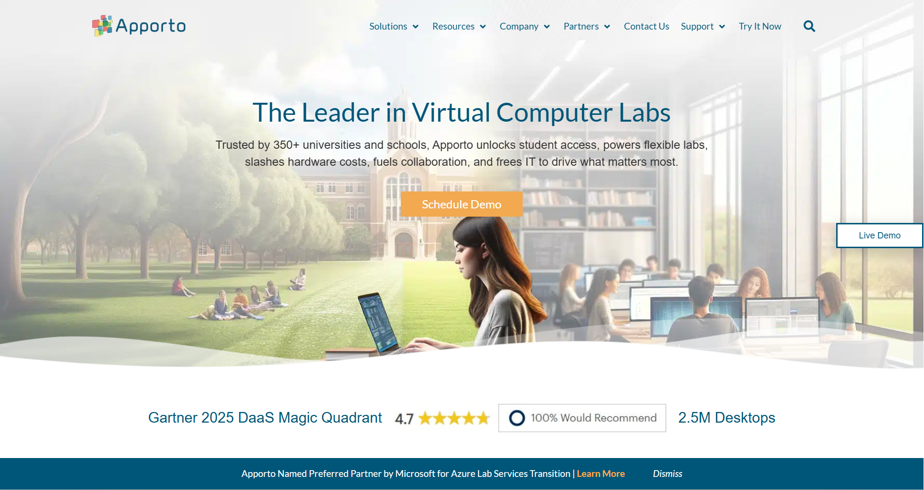 Homepage of a virtual computer labs platform used in higher education, showing real-world adoption of ed tech for virtual labs.