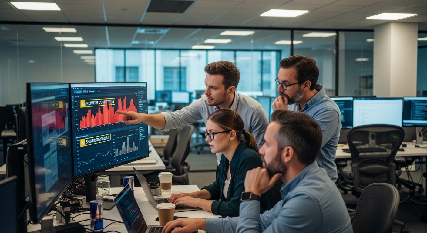 eam of IT professionals troubleshooting Citrix performance issues, reviewing network congestion and server overload as common causes of why Citrix is so slow.