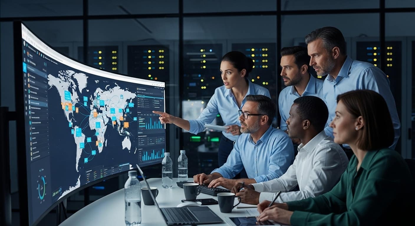 Business team analyzing global cloud infrastructure performance dashboards, illustrating real-time scalability and collaboration benefits of what is Azure Virtual Desktop