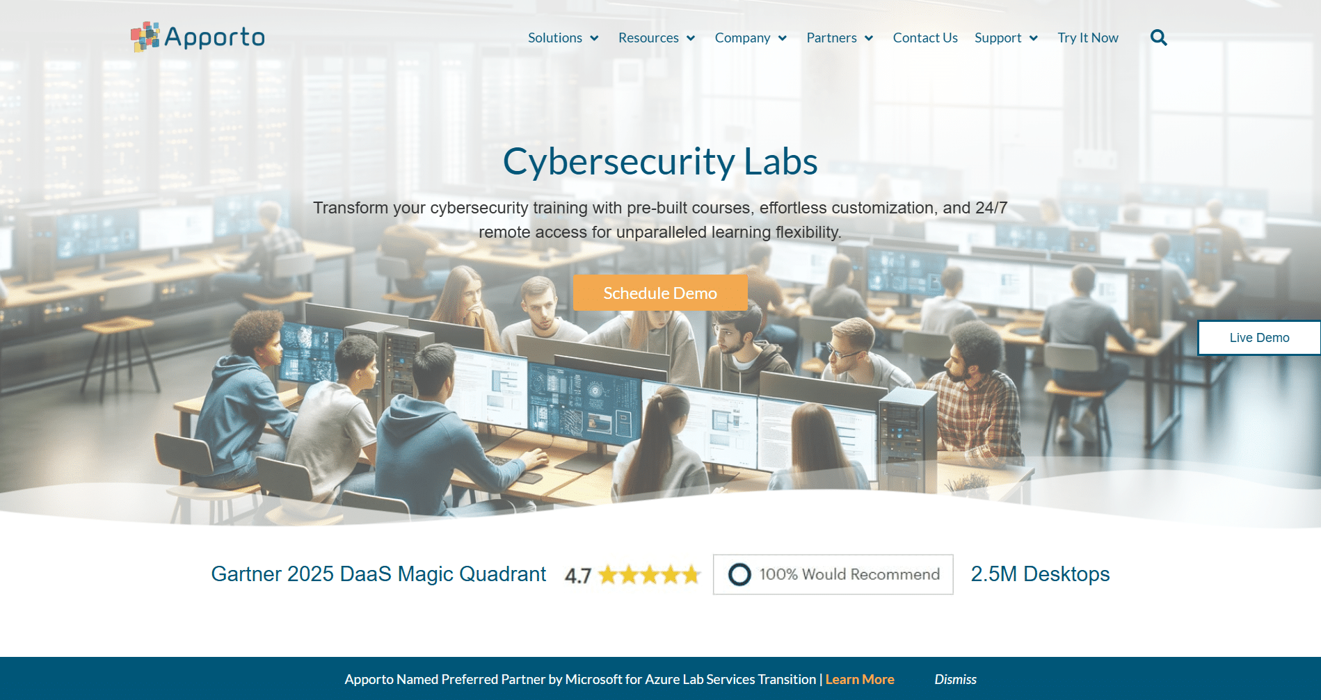 Apporto Cybersecurity Labs landing page with the option to Schedule Demo.