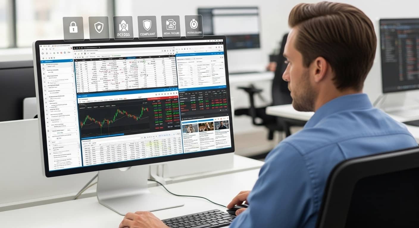 IT professional reviewing secure virtual desktop environment with compliance and data protection indicators in Citrix VDI architecture