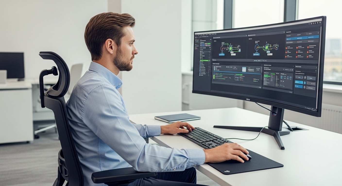 IT professional monitoring Citrix performance issues on a dashboard, analyzing system data to understand why Citrix is so slow and identify bottlenecks.