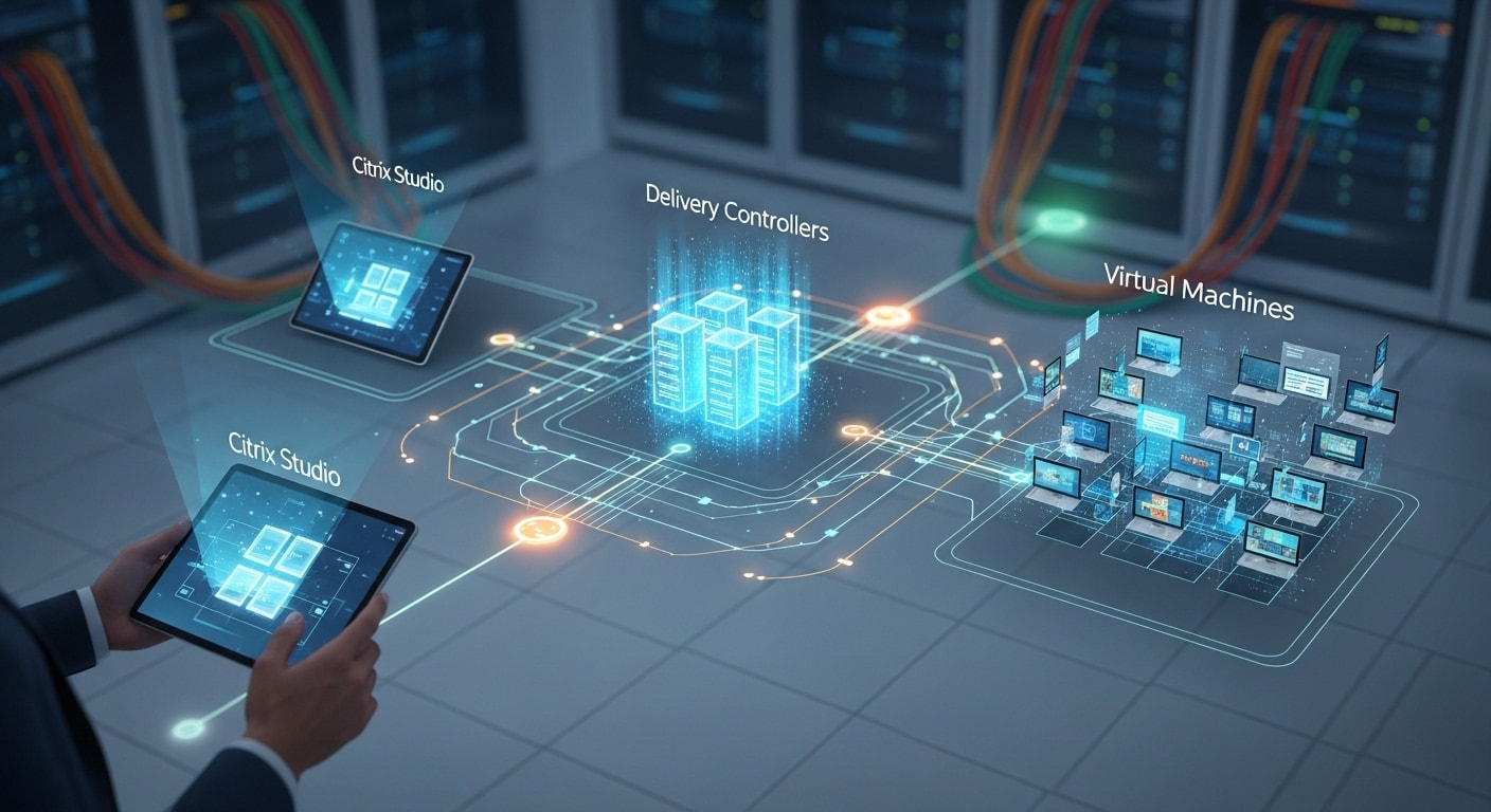 Diagram of core Citrix VDI architecture components including Citrix Studio, Delivery Controllers, and Virtual Machines for secure virtual desktop delivery