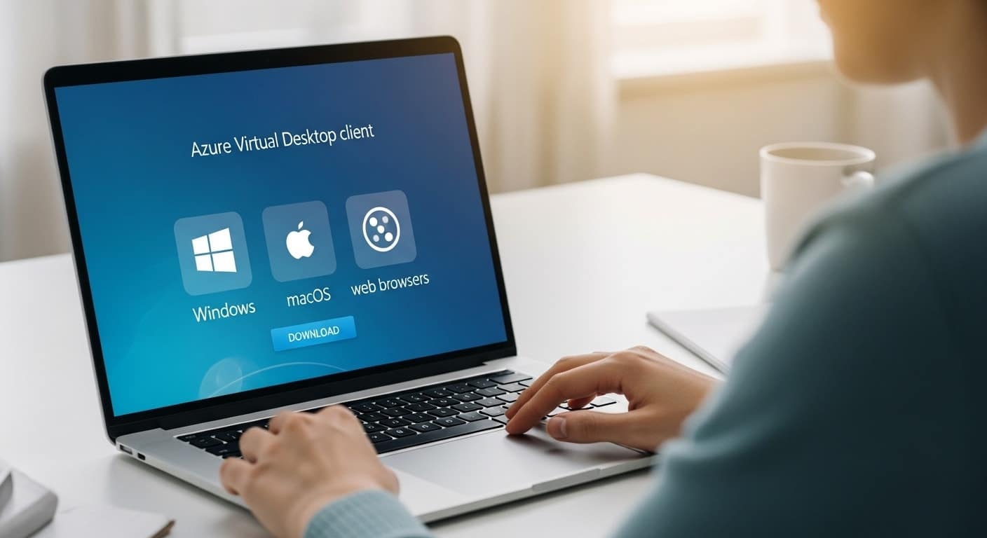 User downloading the azure virtual desktop client on a laptop, showing compatibility with Windows, macOS, and web browsers