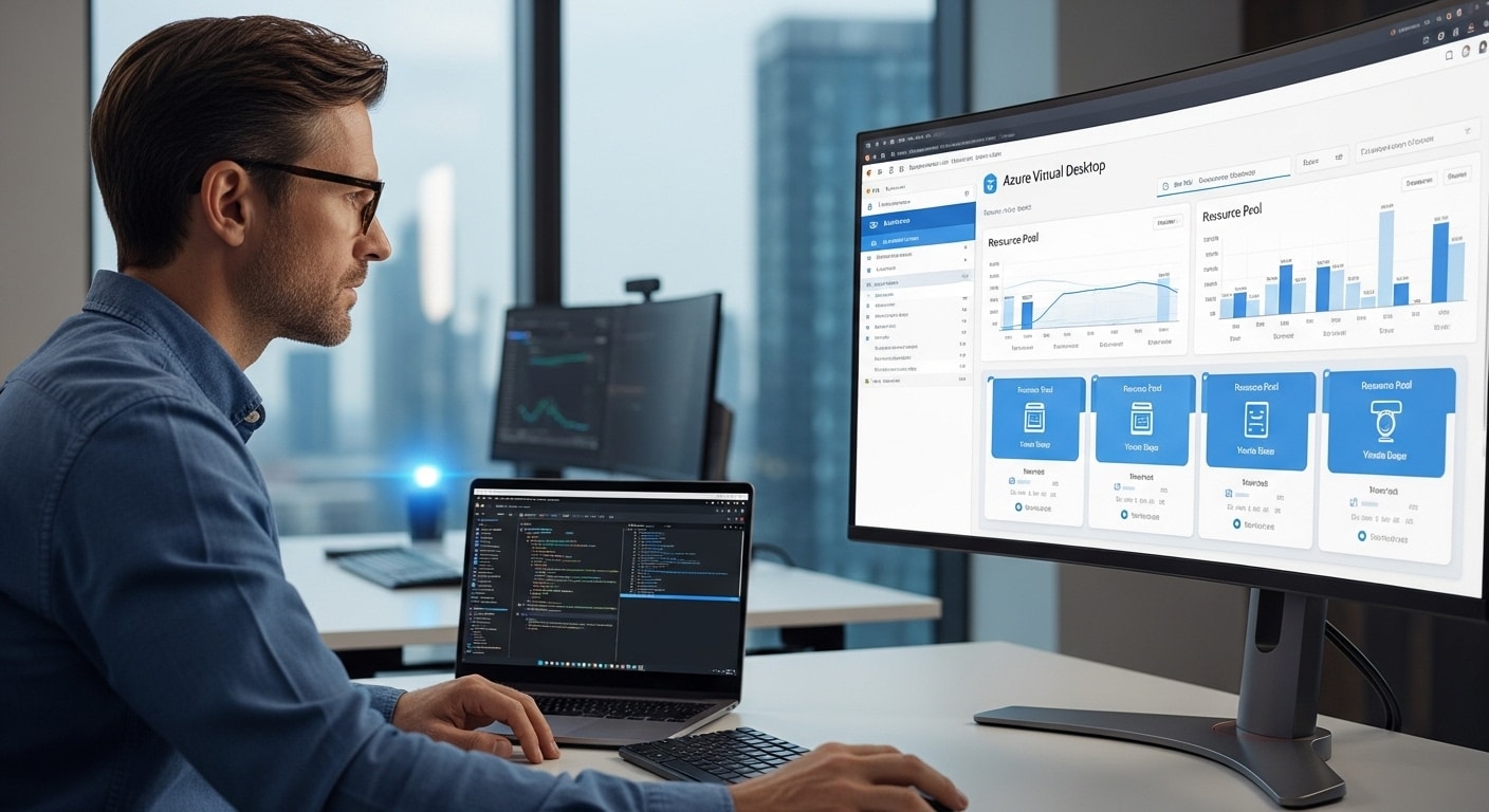 IT professional managing Azure Virtual Desktop dashboard and monitoring virtual machine performance, demonstrating what is Azure Virtual Desktop for businesses
