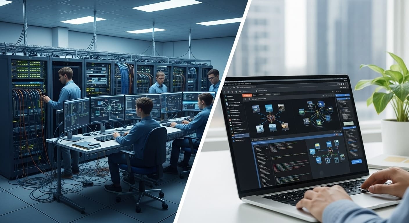 Comparison of physical security infrastructure versus cloud-based workflows in a virtual cybersecurity lab.