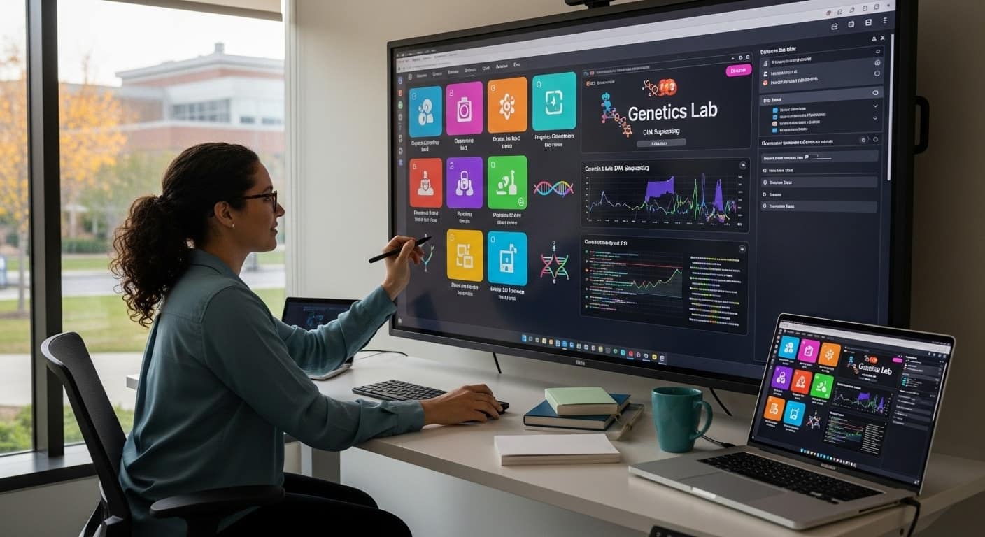 Instructor using virtual labs on a large interactive screen to run genetics and science simulations for higher education.