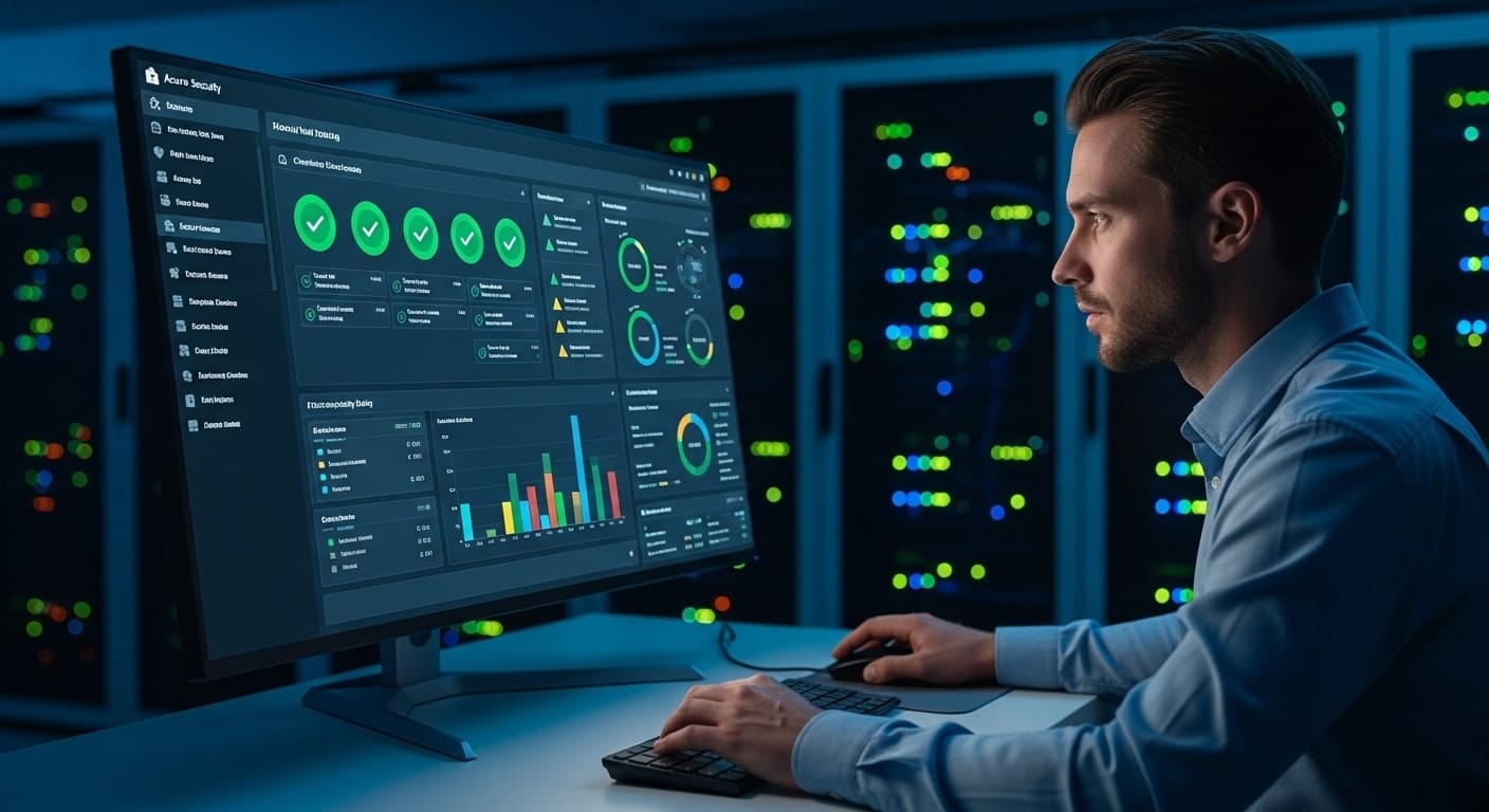 IT specialist monitoring Azure security dashboard in a data center, highlighting advanced protection features in what is Azure Virtual Desktop.