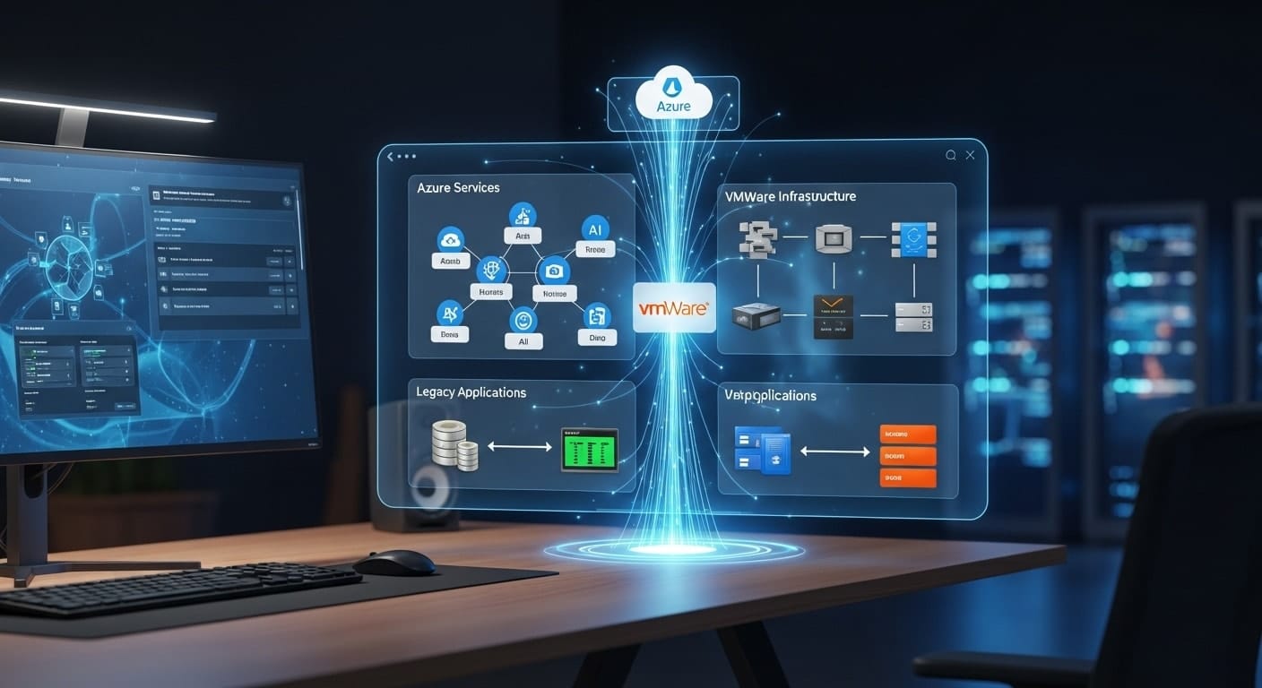 Visual diagram showing Azure Virtual Desktop and VMware Horizon integration with existing IT infrastructure and legacy applications.