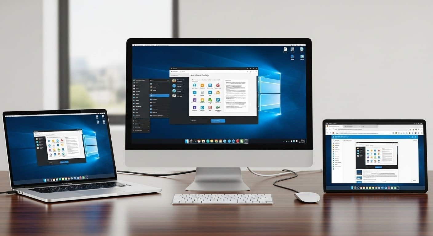 Azure virtual desktop client running across desktop, laptop, and tablet devices, highlighting consistent multi-platform performance
