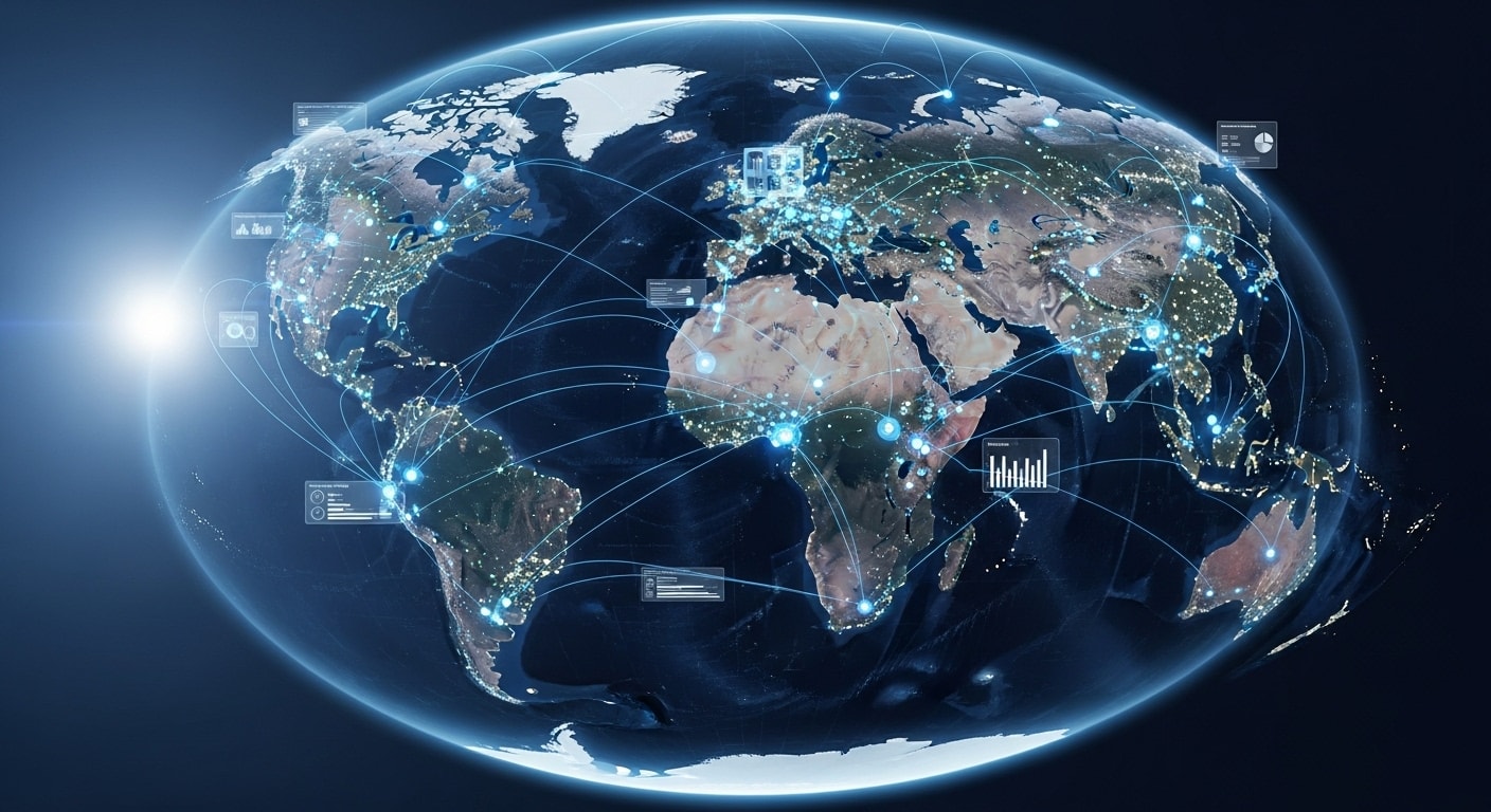 Global network map showing universities connected through cloud platforms, representing ed tech for virtual labs expanding worldwide access.