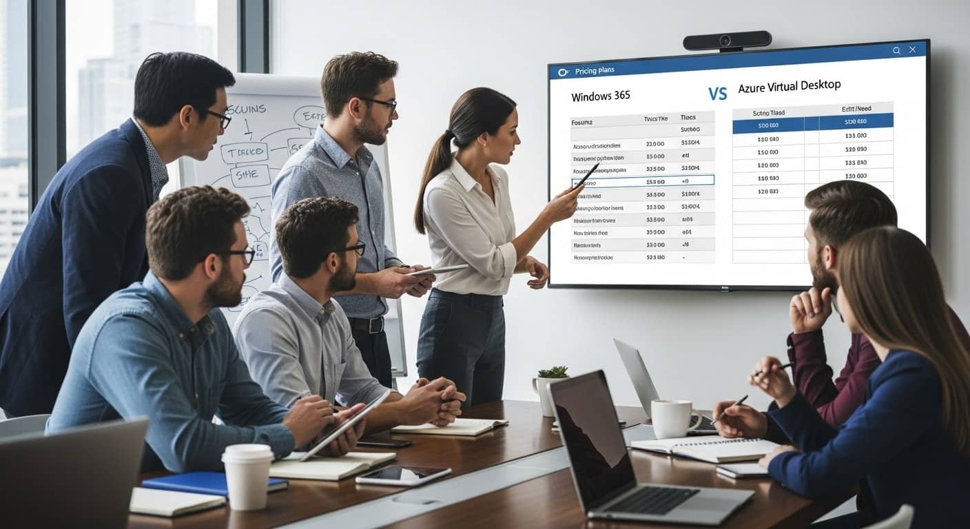 Business team reviewing Windows 365 vs Azure Virtual Desktop pricing models on a presentation screen during a meeting.