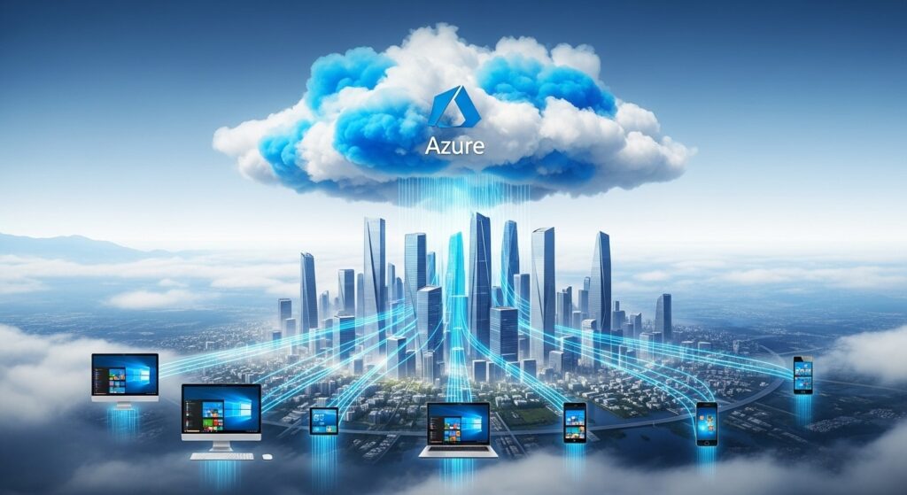 Illustration of Azure cloud delivering virtual desktops to multiple devices, visualizing Azure Virtual Desktop architecture and connectivity.