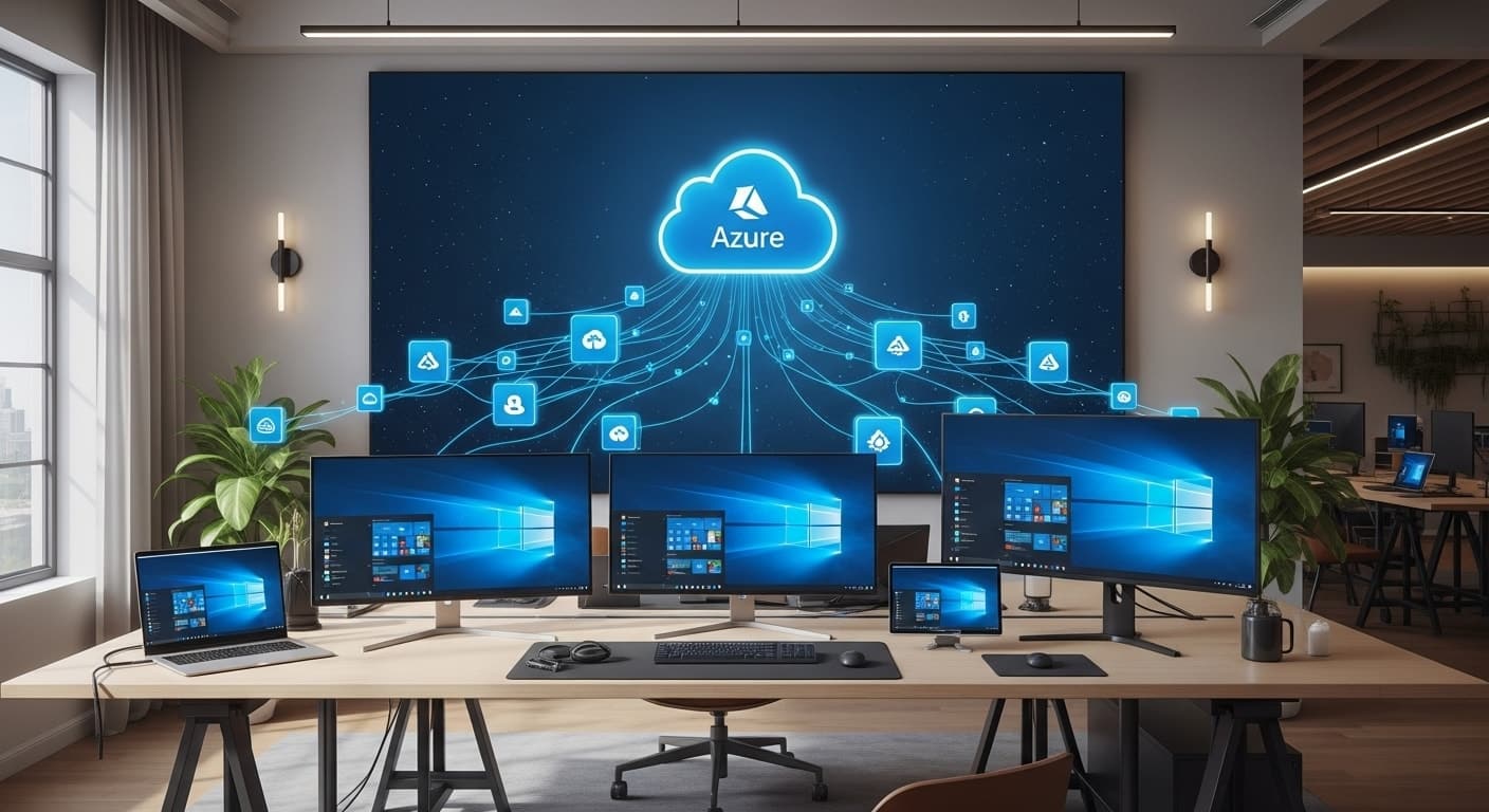 Modern office setup with multiple Windows desktops and Azure cloud network visualization, representing what is Azure Virtual Desktop and its cloud-based VDI architecture.
