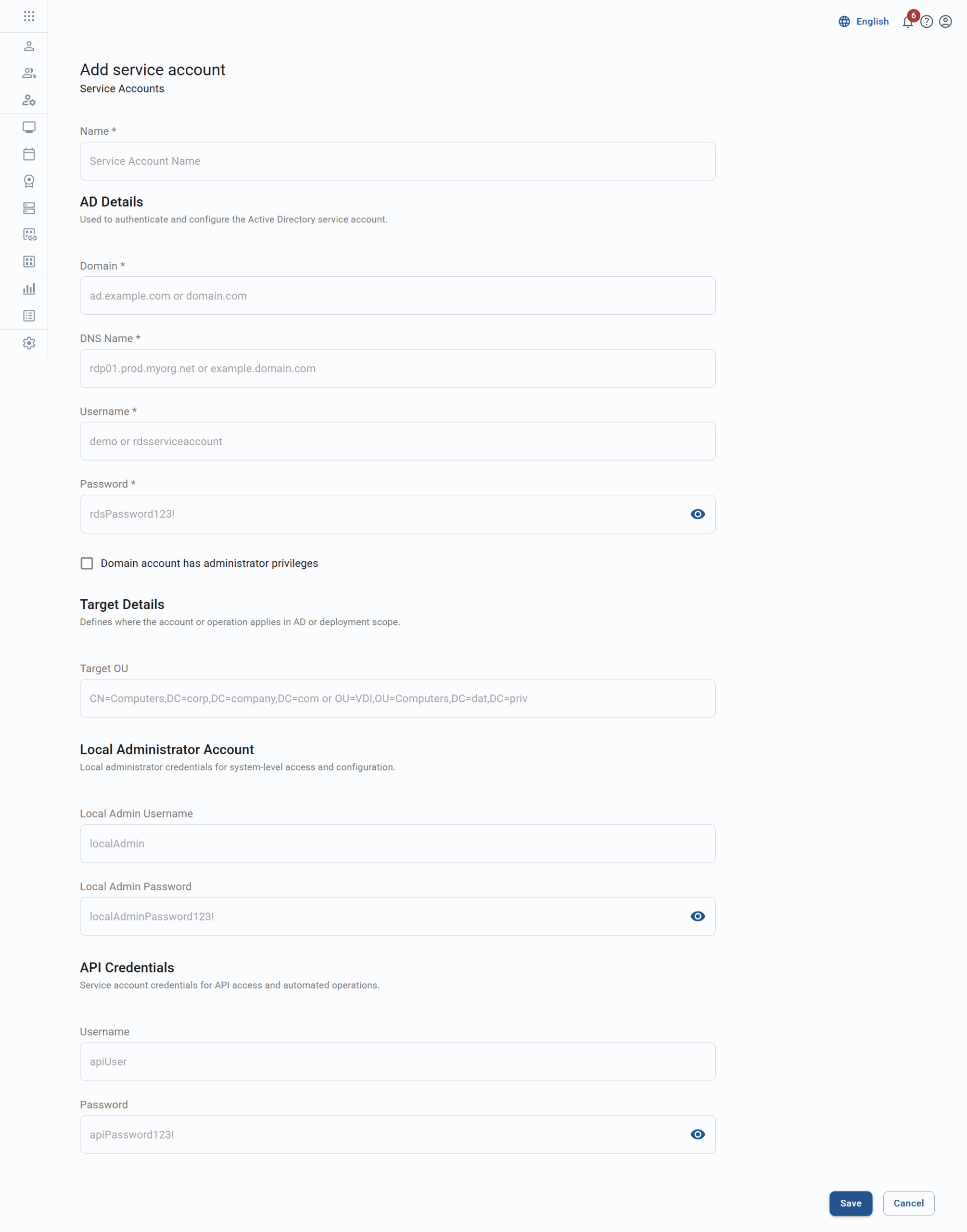 Add Service Account screen