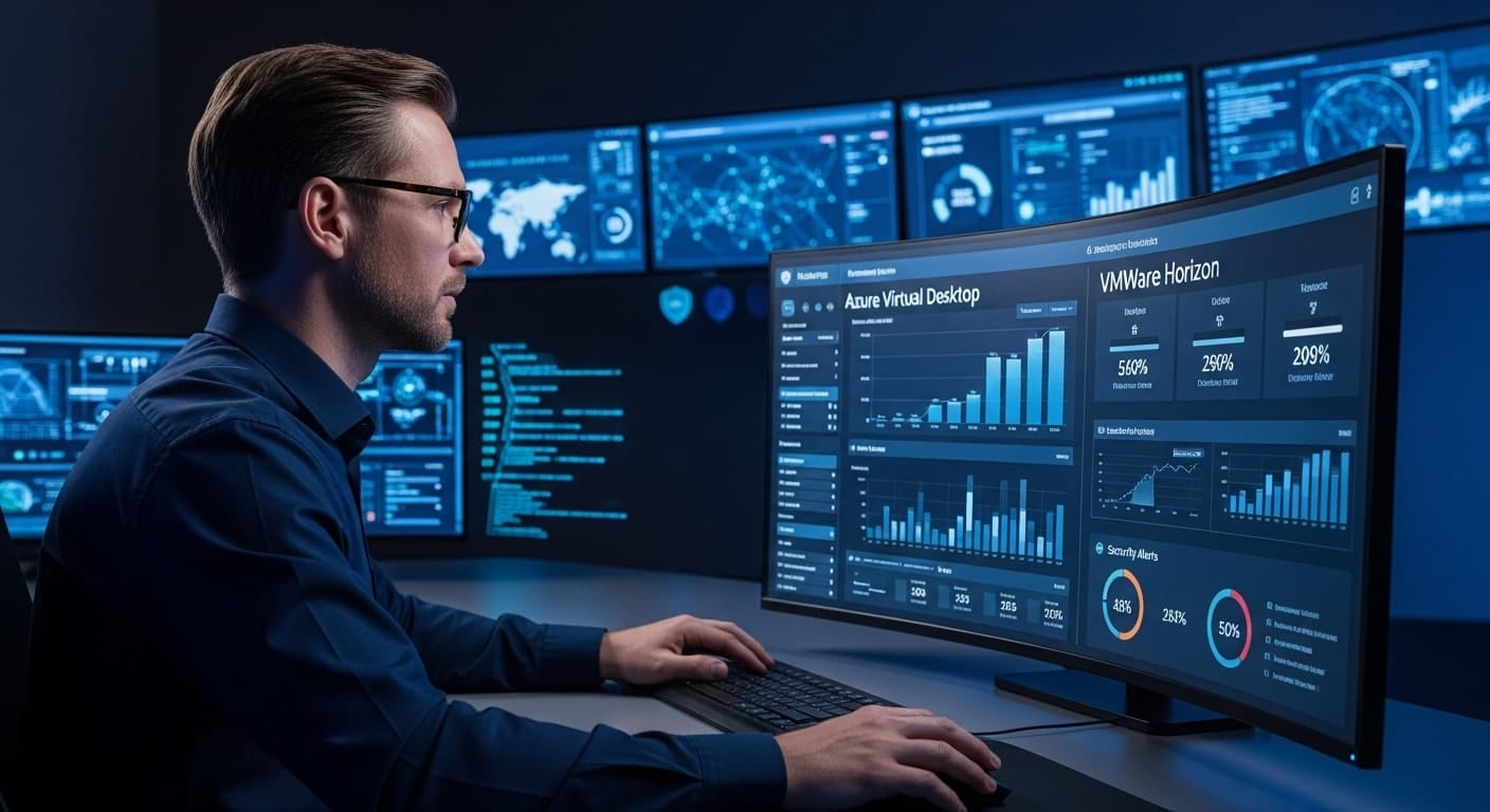 Cybersecurity engineer monitoring Azure Virtual Desktop vs VMware Horizon analytics dashboards for performance and security metrics.