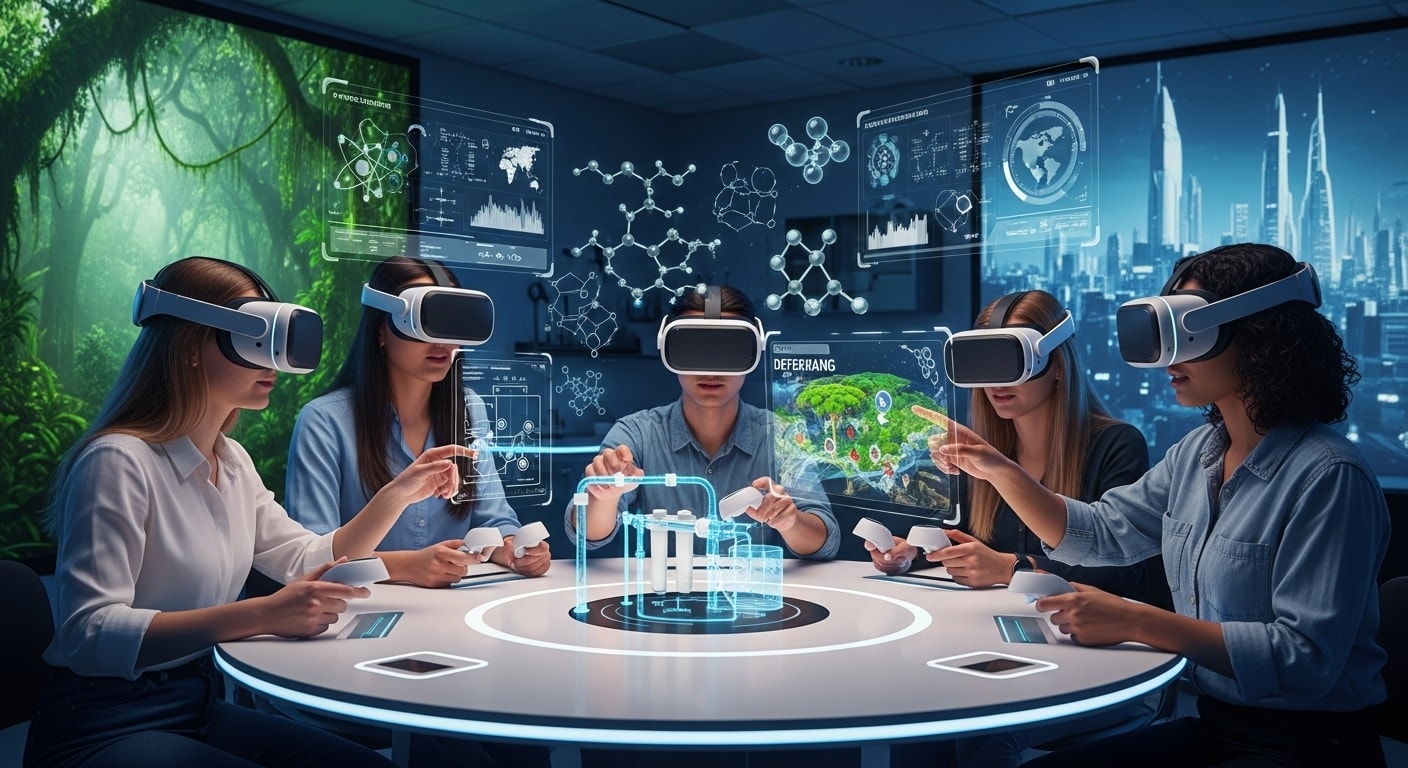 Students collaborating in immersive VR simulations, showcasing advanced ed tech for virtual labs in science education.