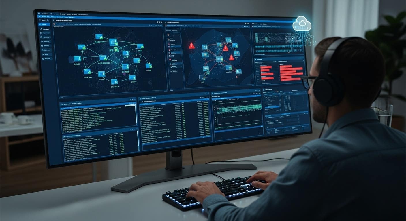 Cyber analyst working inside a virtual cybersecurity lab with real-time attack simulations and network security dashboards.