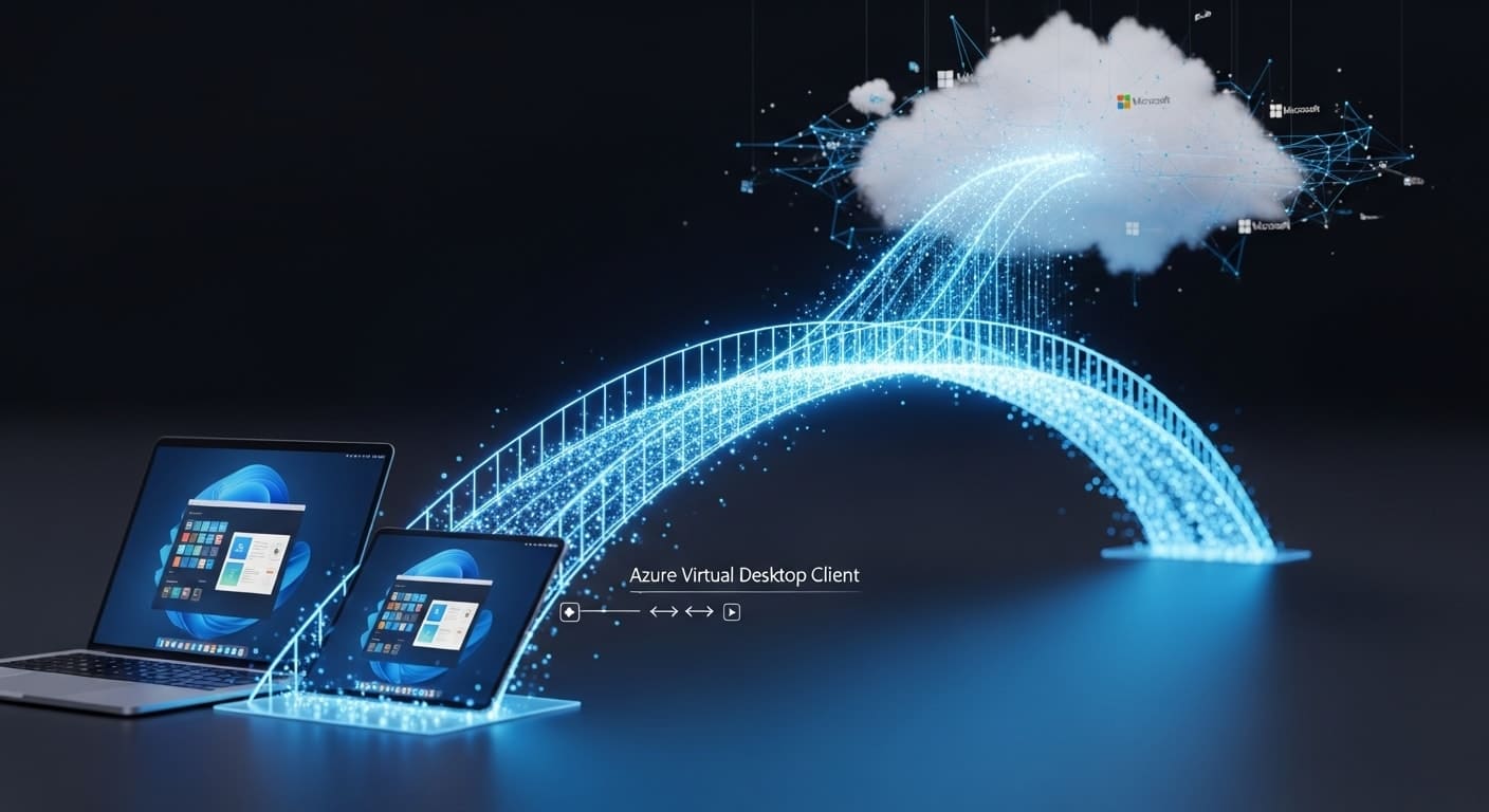 Digital bridge connecting laptops to the Microsoft cloud, symbolizing secure remote access through the azure virtual desktop client.