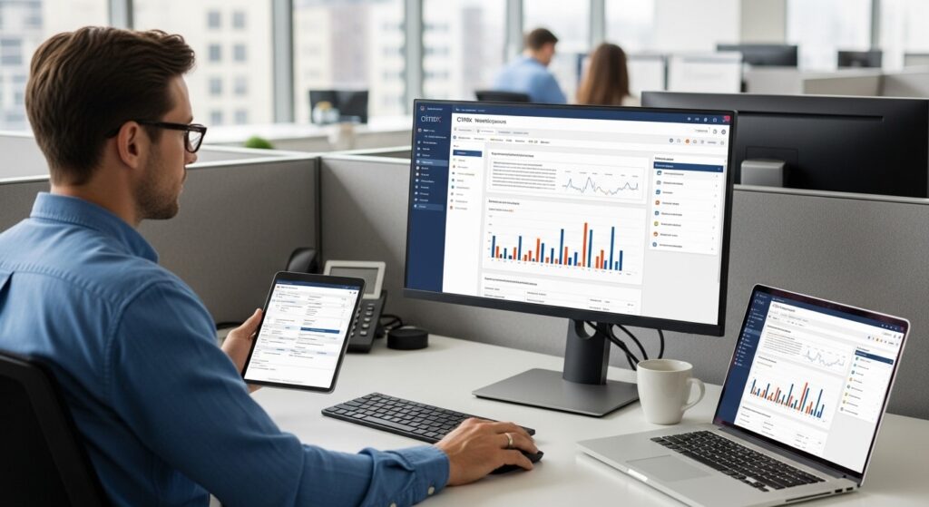 Professional managing dashboards on multiple devices while learning how to update Citrix Workspace for improved performance.